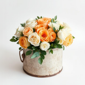 White and Apricot Rose arrangement in a hat box